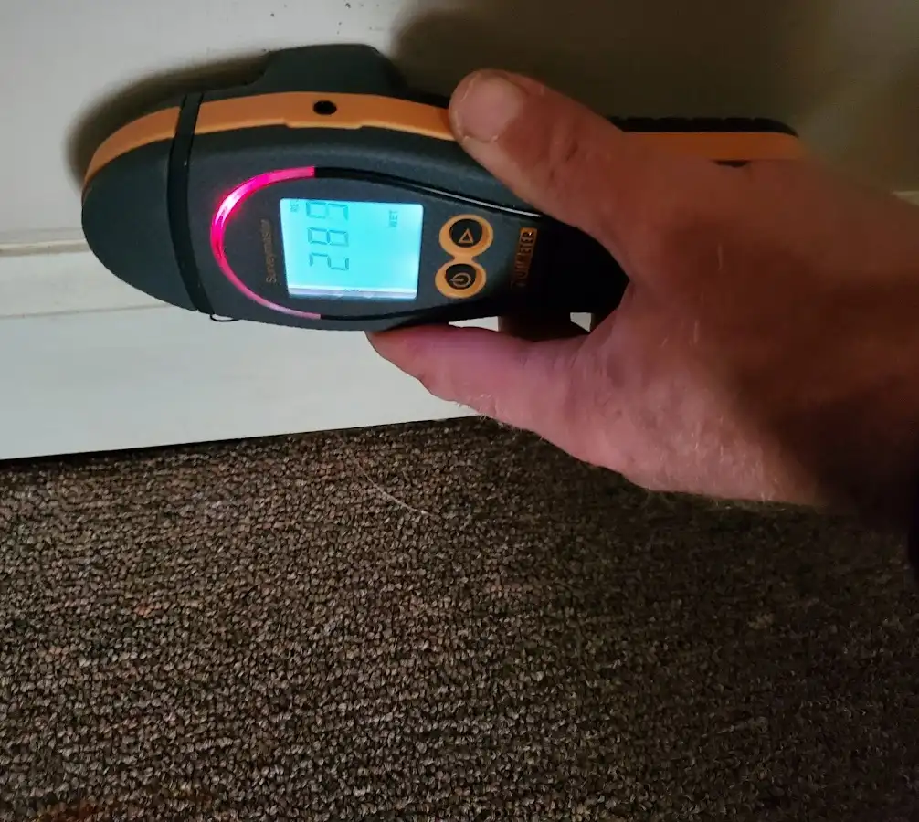 Moisture detection at baseboard during Burst Pipe Cleanup in Honeygo